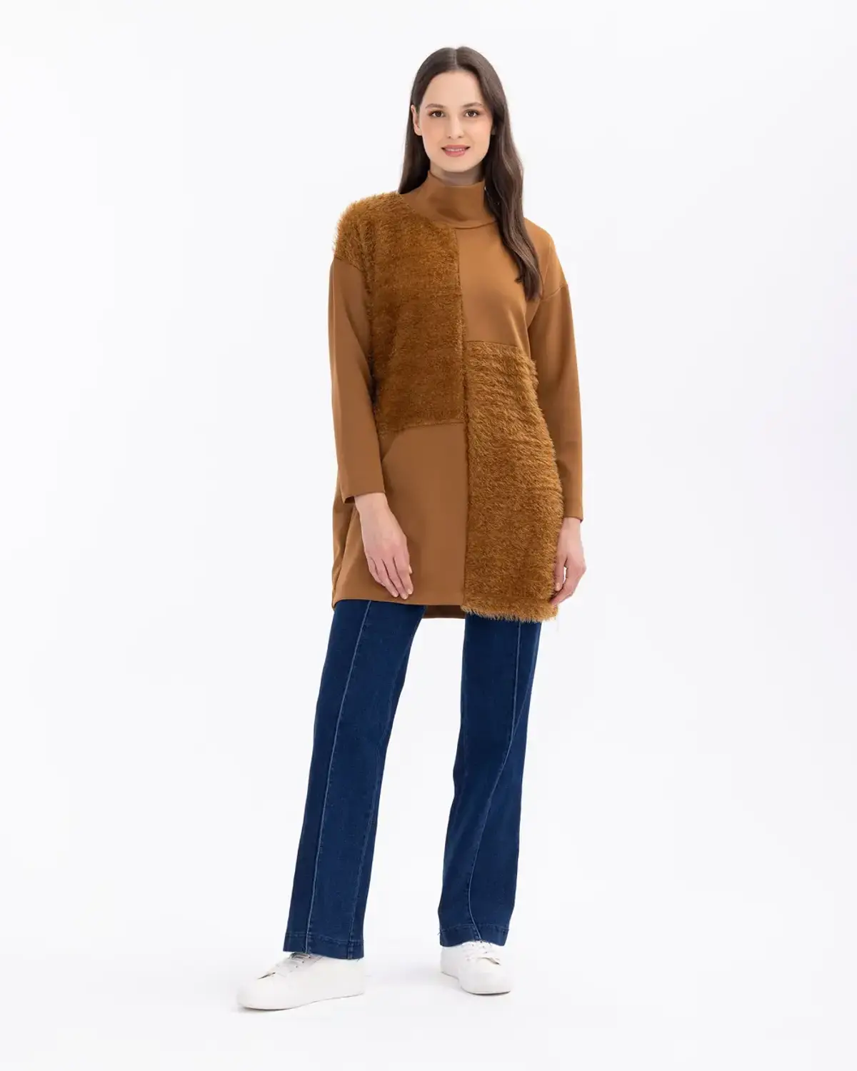 Туника из неопрена с высоким воротником, мягкий и удобный стиль, длина до бедра, длинные рукава, комбинация с брюками или юбками