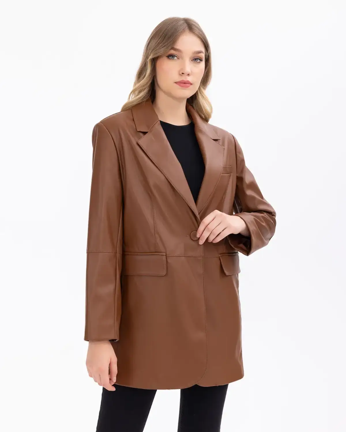 cep kapaklı tek düğmeli suni deri ceket