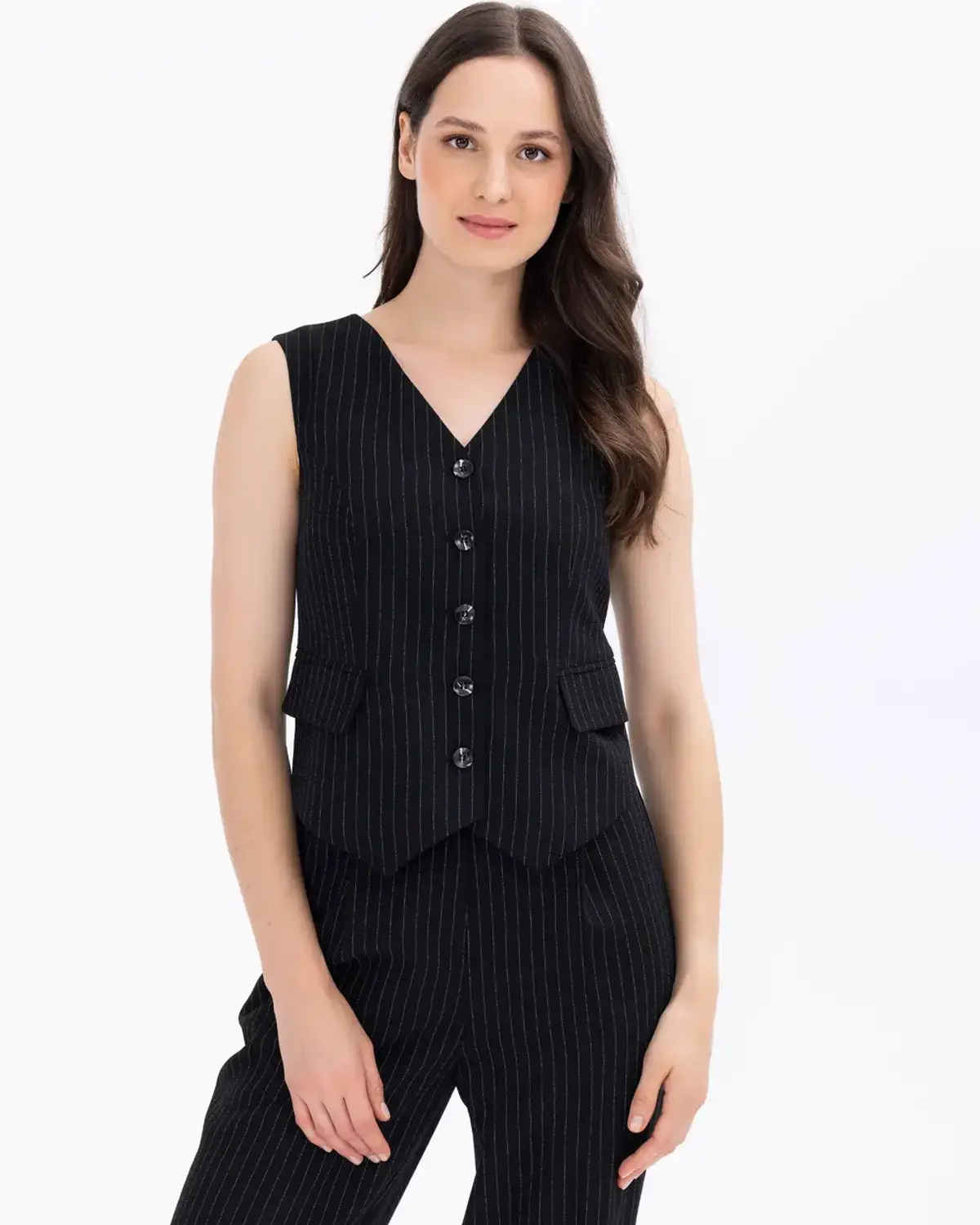 çizgili cep detaylı düğmeli yelek