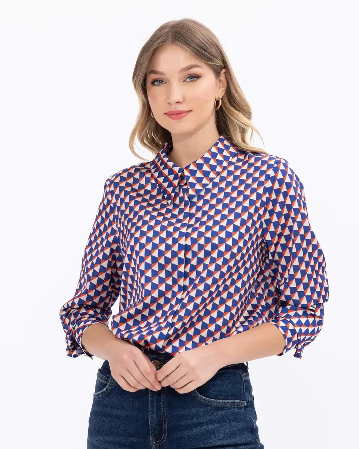 geometrik desenli düğmeli rahat kesim gömlek