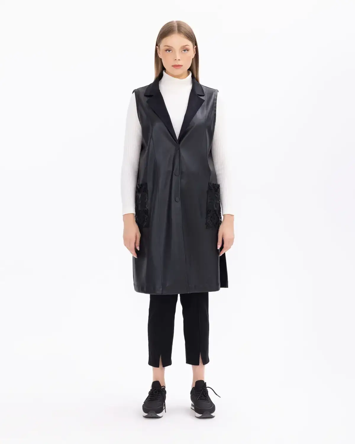 büyük beden dantel detaylı suni deri yelek