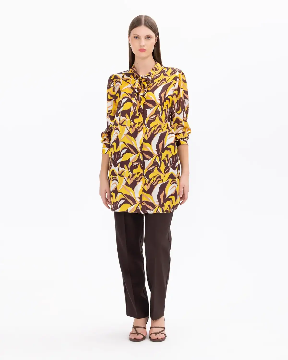 büyük beden fular yakalı desenli tunik