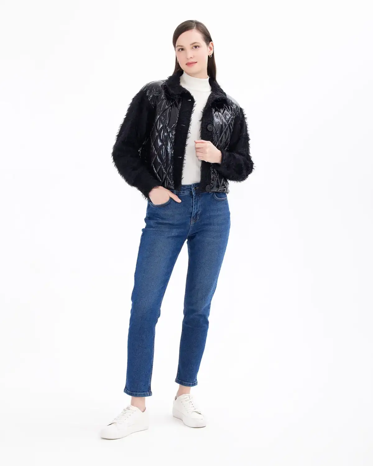 kapitone detaylı düğmeli bel boy ceket