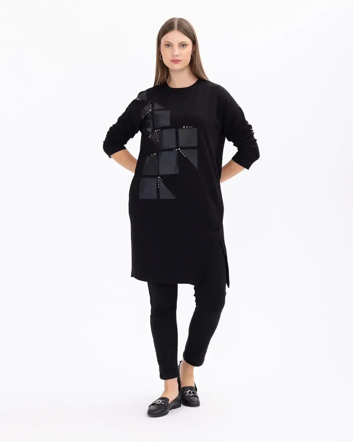 büyük beden suni deri detaylı örme kumaş tunik