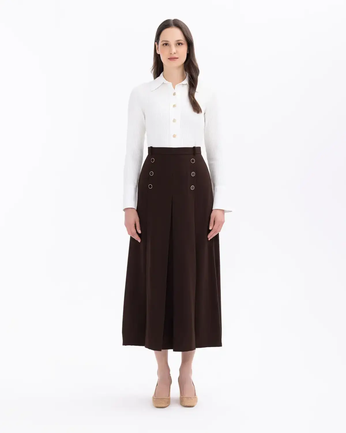 pileli düğme detaylı tam boy etek