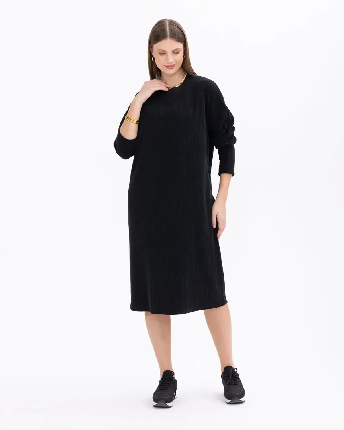 Платье большого размера с круглым вырезом, трикотажный вид, черное, комфортное, современный стиль, идеальное для повседневной носки и особых случаев
