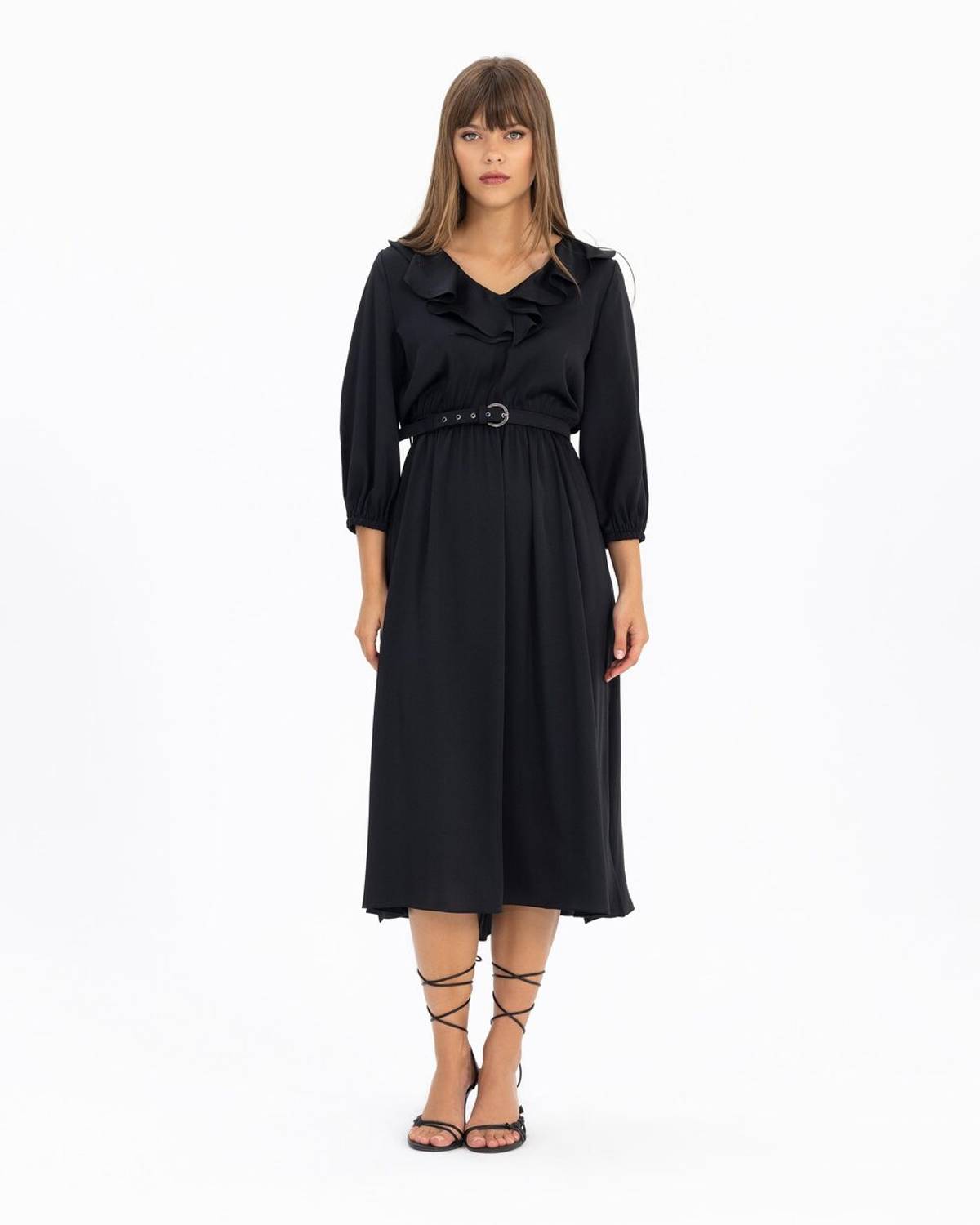 yakası fırfırlı kemerli elbise