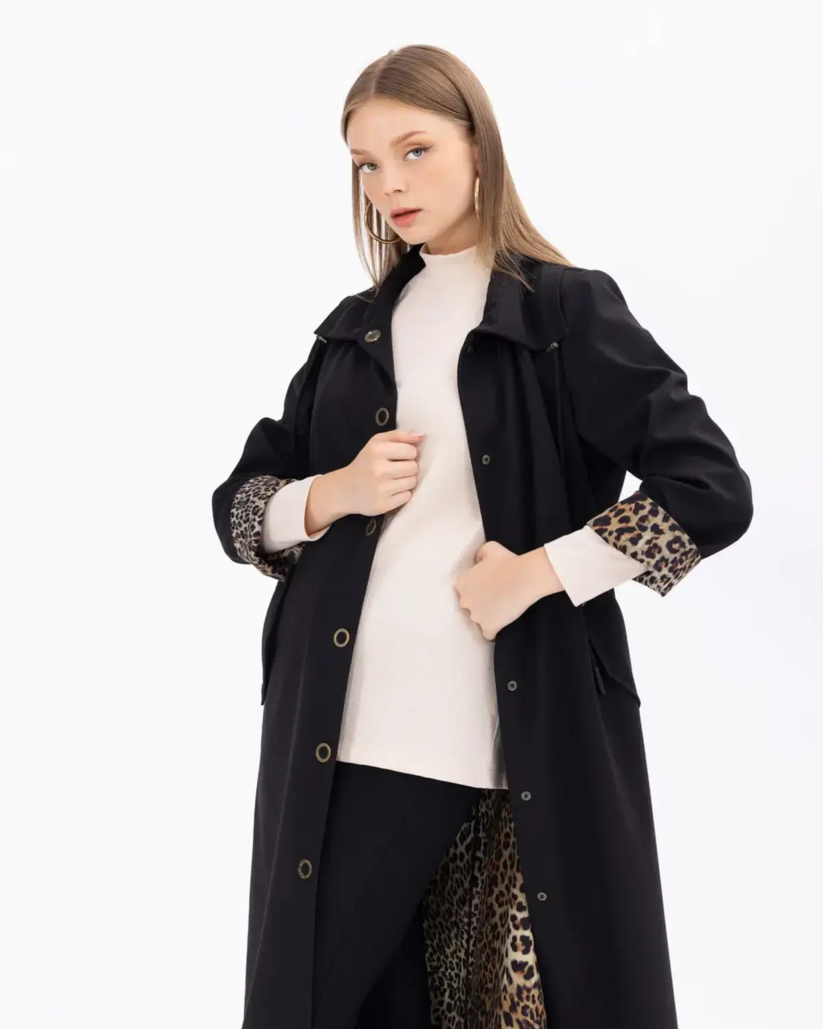 büyük beden astarı desenli midi boy trençkot