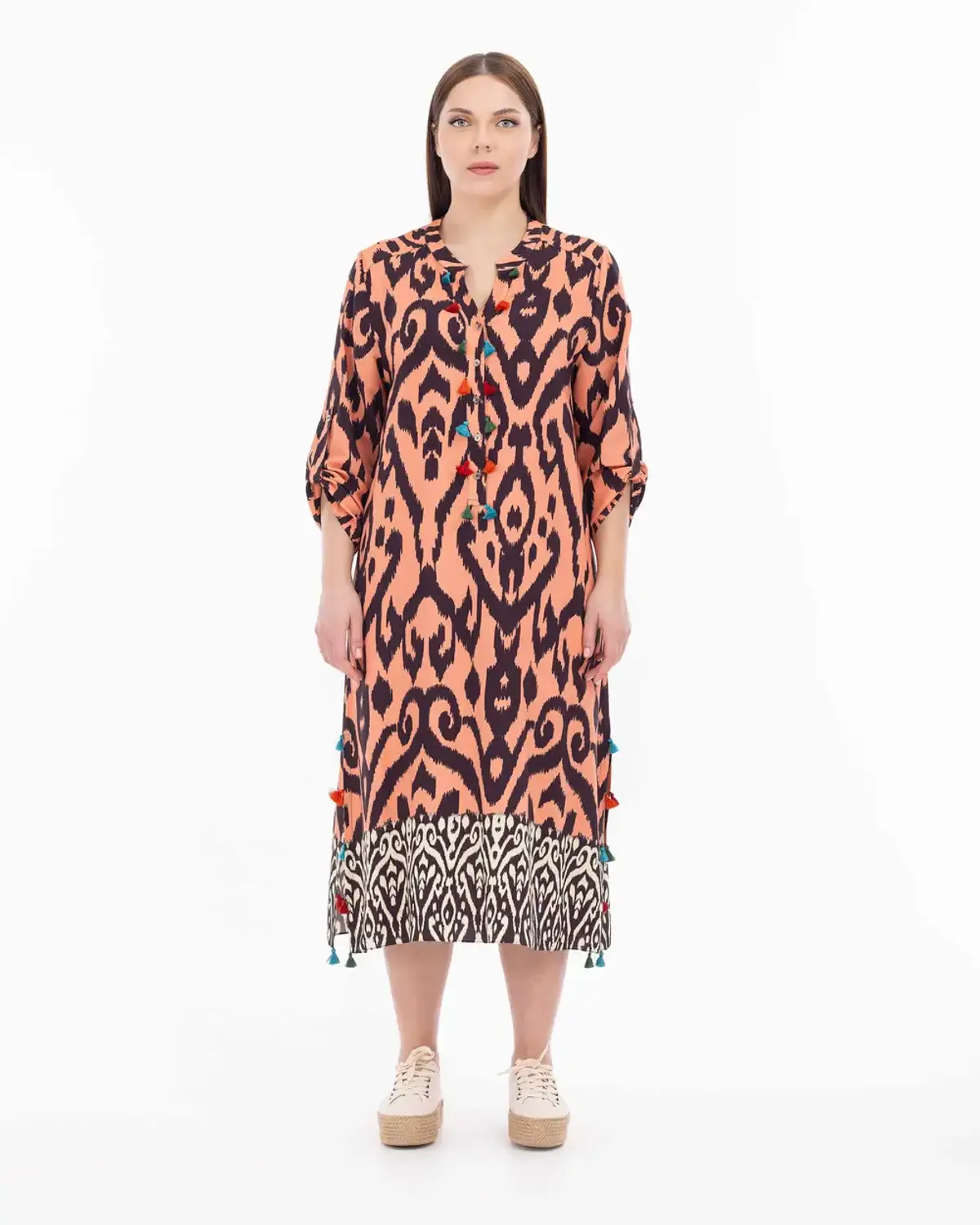 büyük beden etnik desenli yarım pat elbise