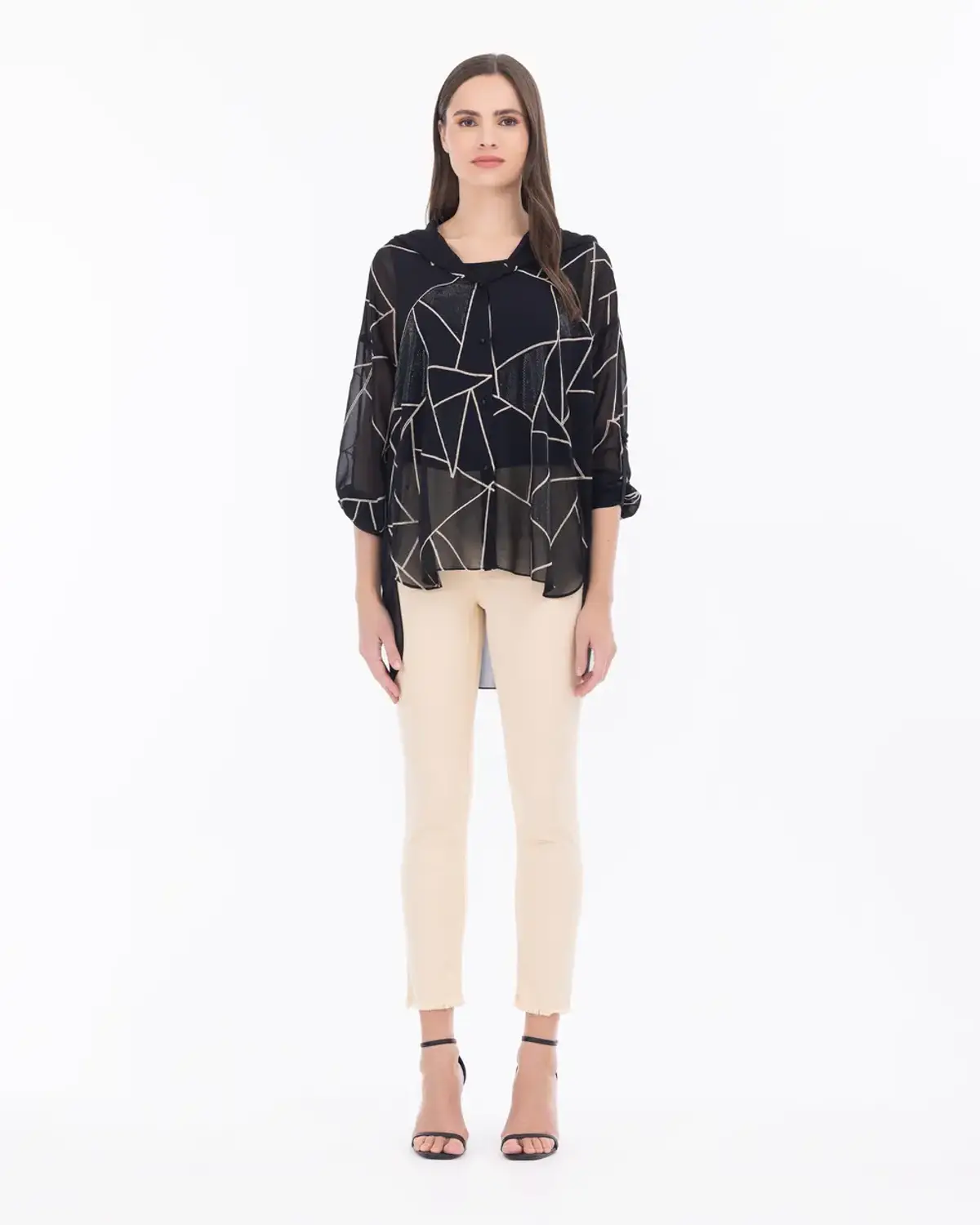 şifon taş detaylı kapüşon yaka gömlek