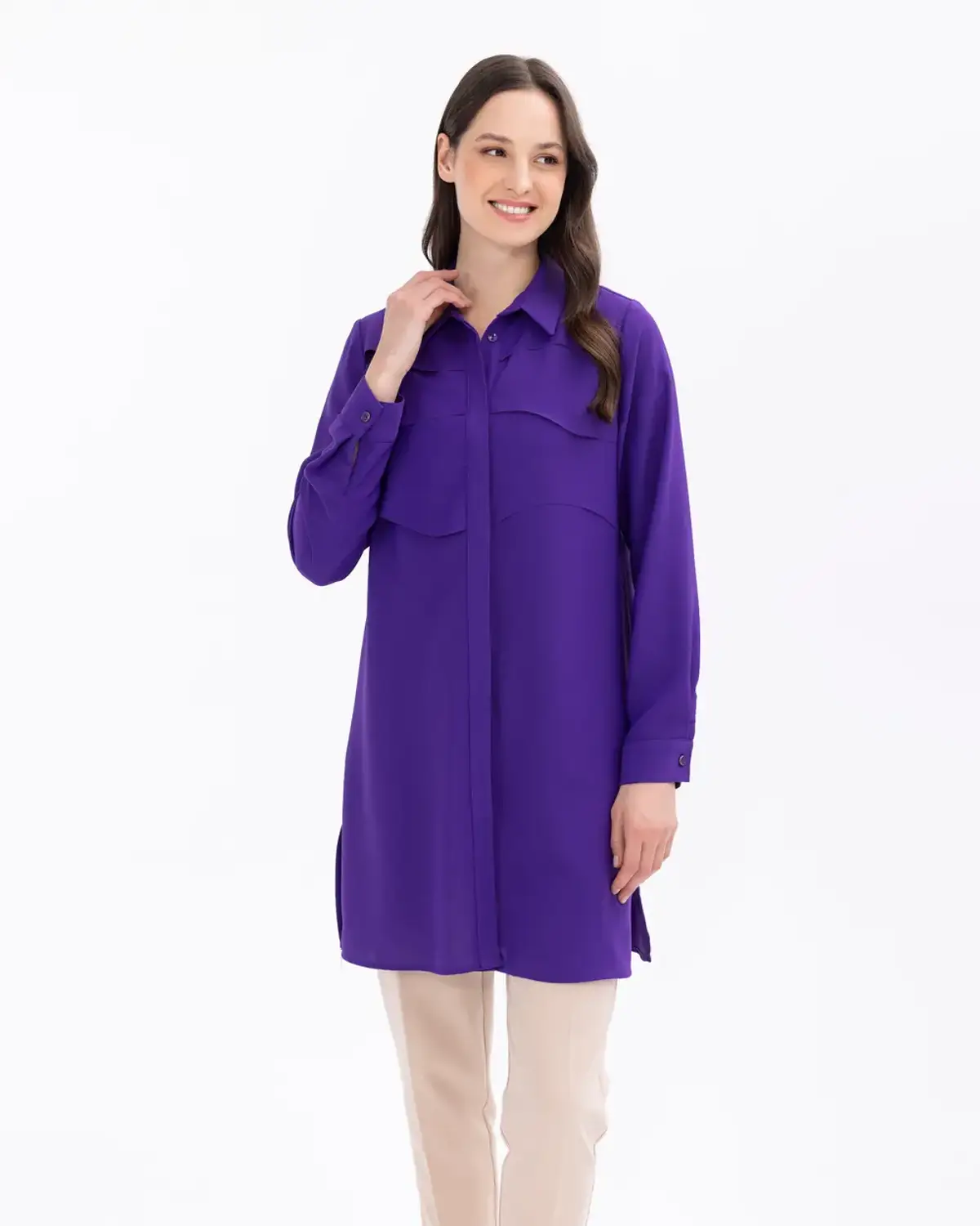 kat detaylı düz kesim gömlek yaka tunik