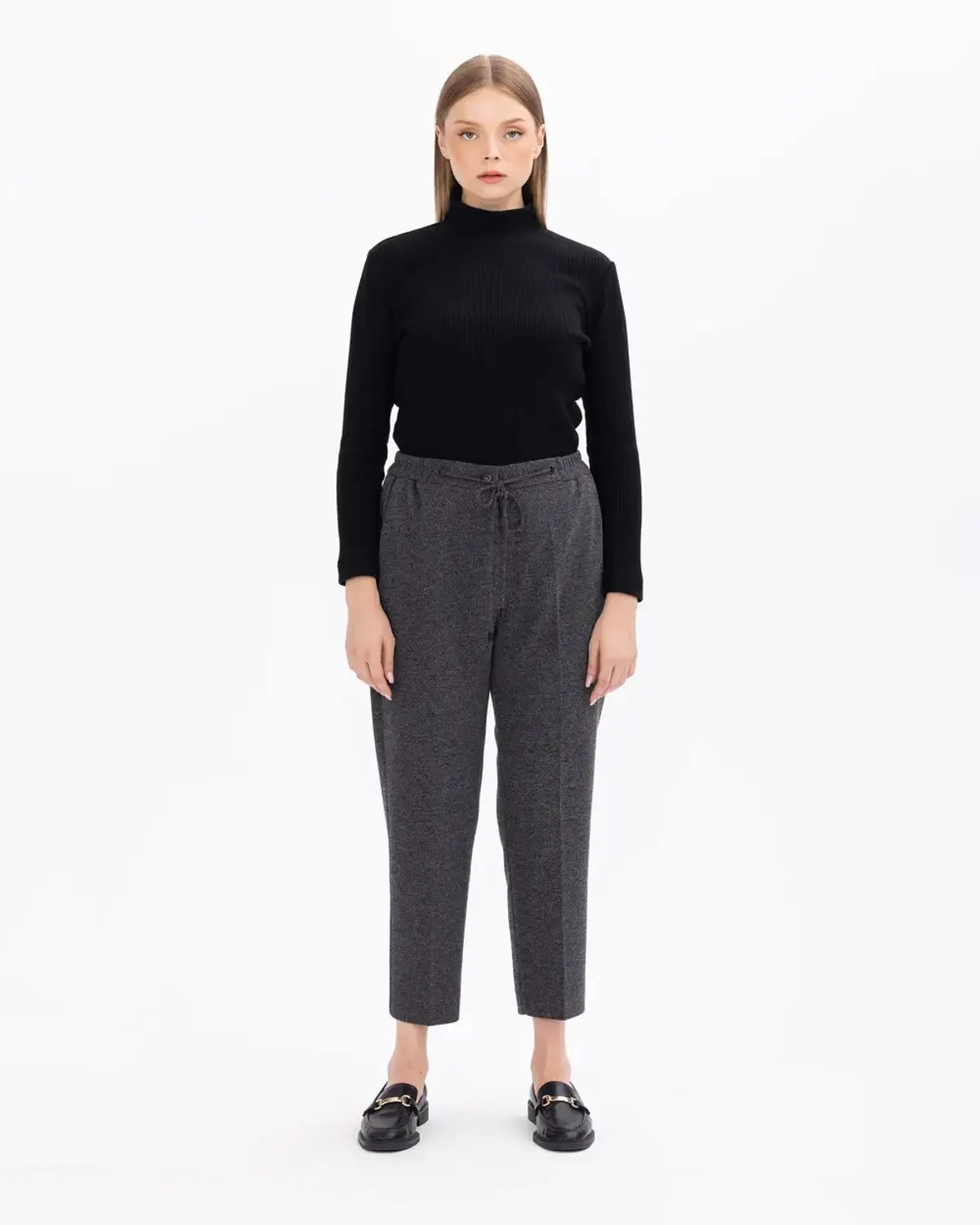 Plus Size Elastic Waist Ankle Pants in Anthracite, Modern Carrot Cut with Drawstring, Comfortable Stretch Fabric