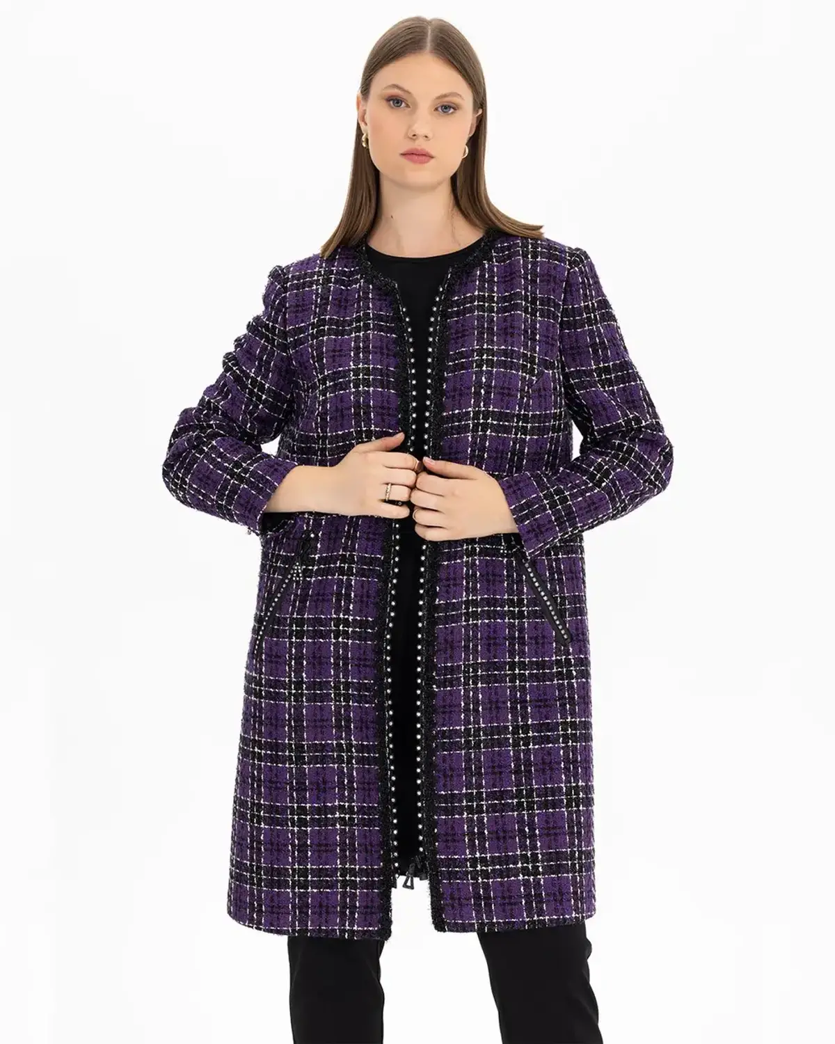 Жіночий піджак у великому розмірі з екосею та твіду, застібка на блискавці, круглий комір, довгий рукав, доповнить ваш офісний образ