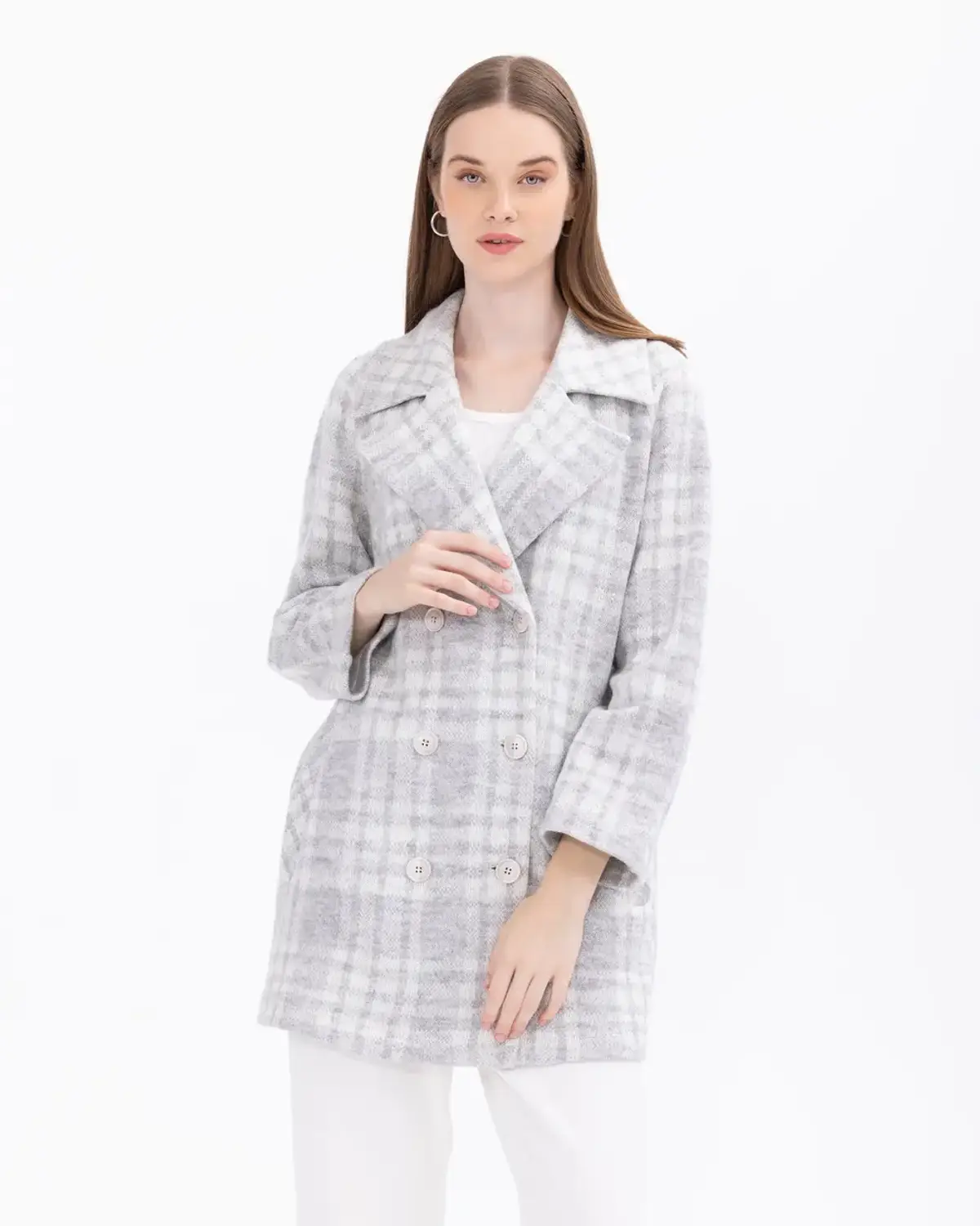 ekose desenli kruvaze yakalı ceket