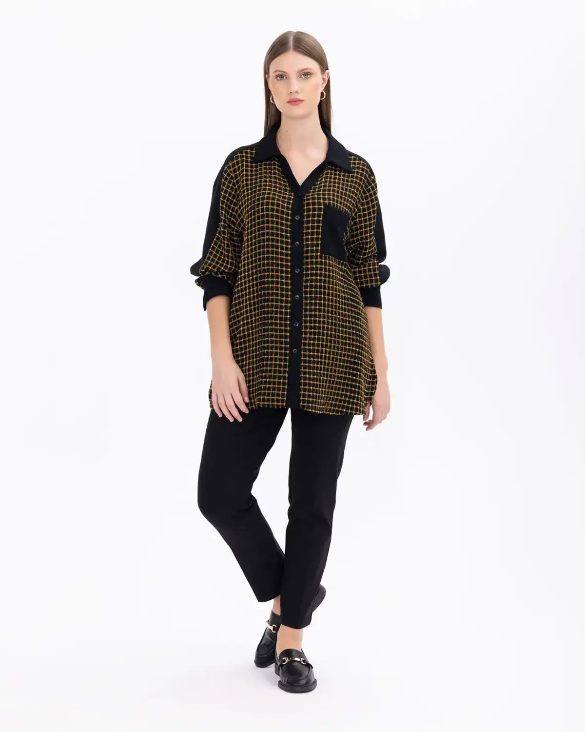 büyük beden cep detaylı kare desenli gömlek