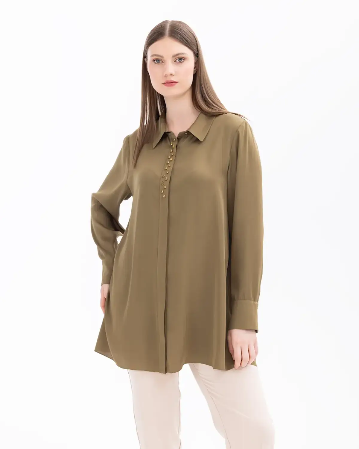 büyük beden taş detaylı uzun kol gömlek