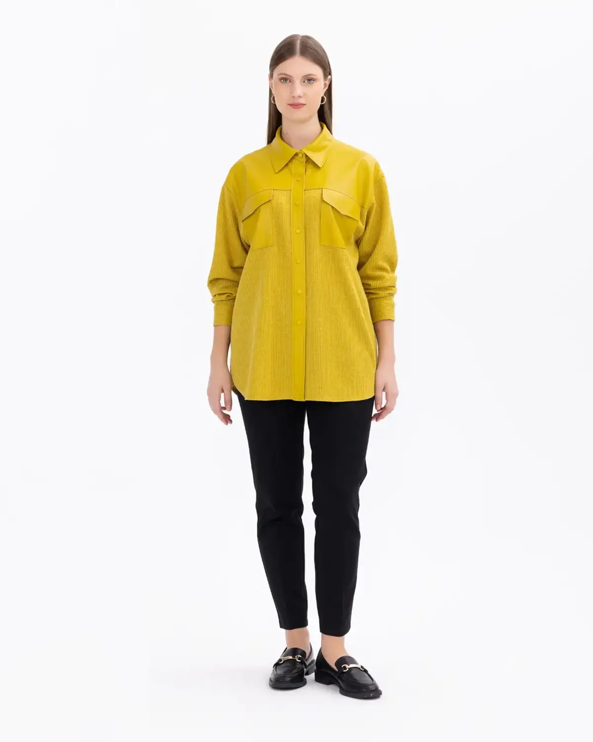 büyük beden cepli kumaş geçişli gömlek