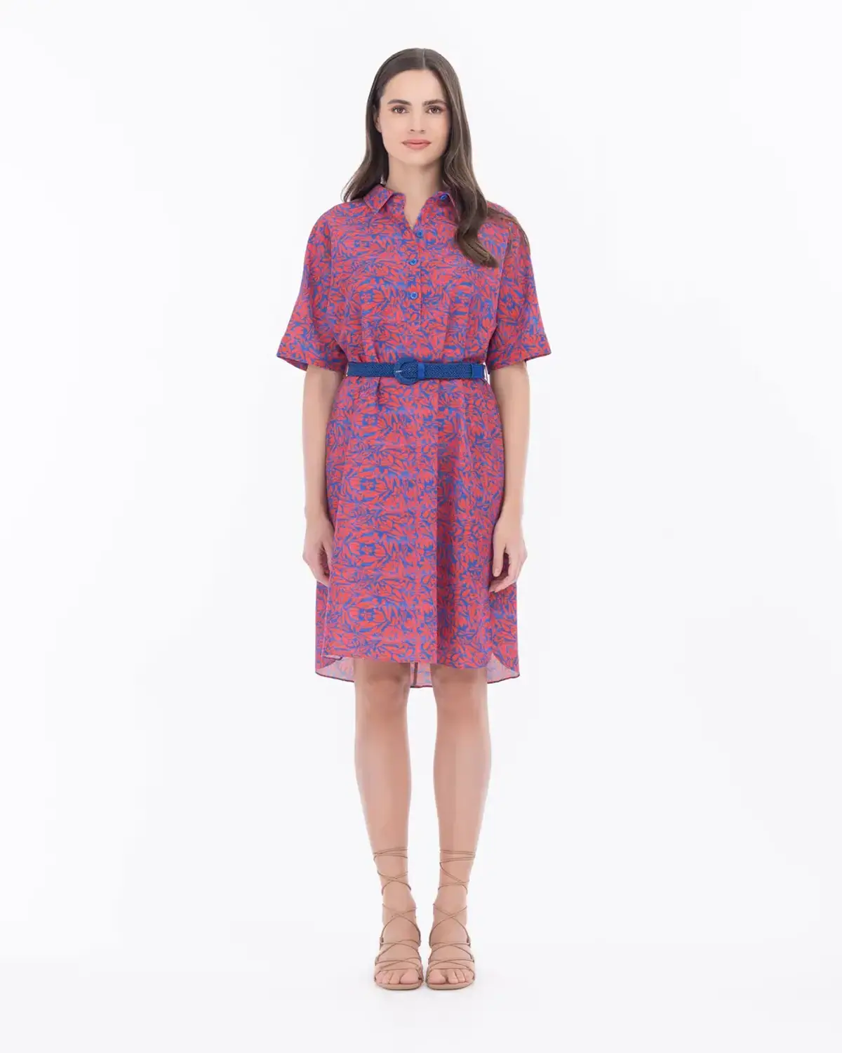 Платье с цветочным рисунком и поэлементным воротником, облегающее фигуру, цвет: мерцающий коралл, короткий рукав, размер 40, 42, 44