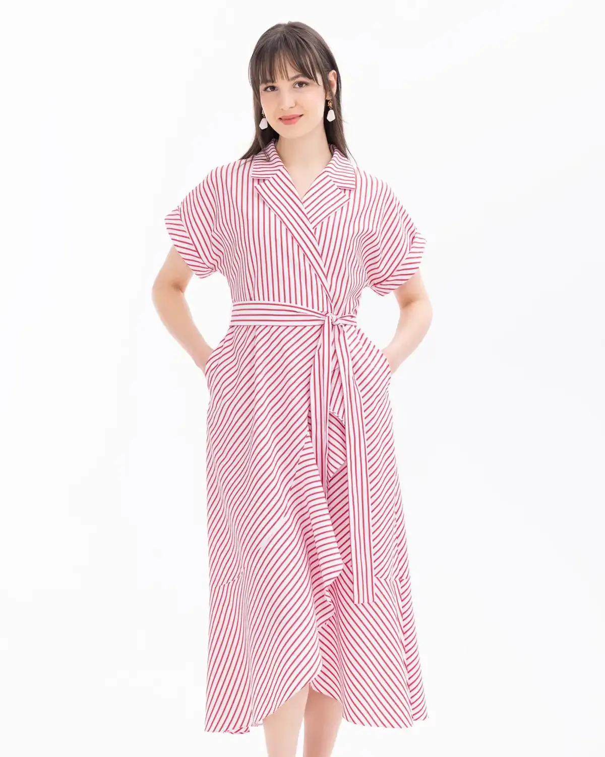 Striped Belted Dress Combining Comfort and Style for Daily Wear in Red