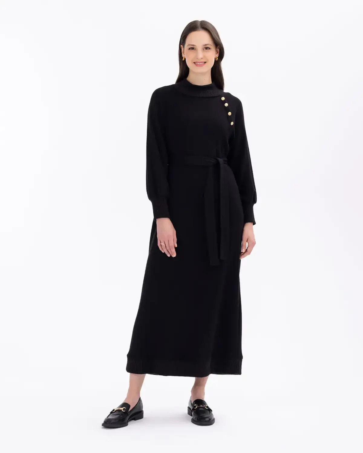 Knitted Fabric Fisherman Neck Buttoned Dress for Winter Warmth and Comfort in Black and Gray Sizes S, M, L