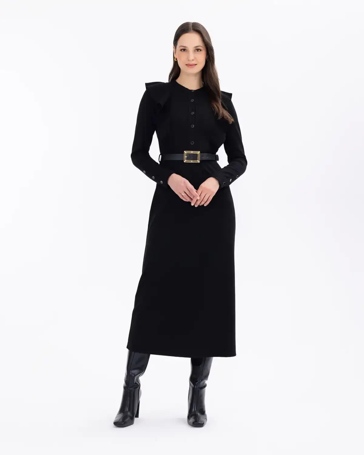 örme kumaş fırfırlı midi elbise