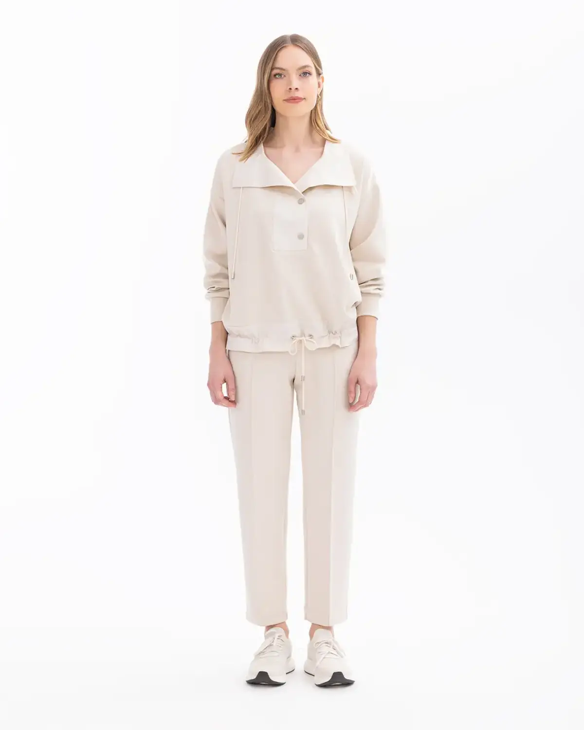 Full Length Elastic Waist Jogger Pants for Comfort and Style in Beige and Black Available in Sizes S, M, L