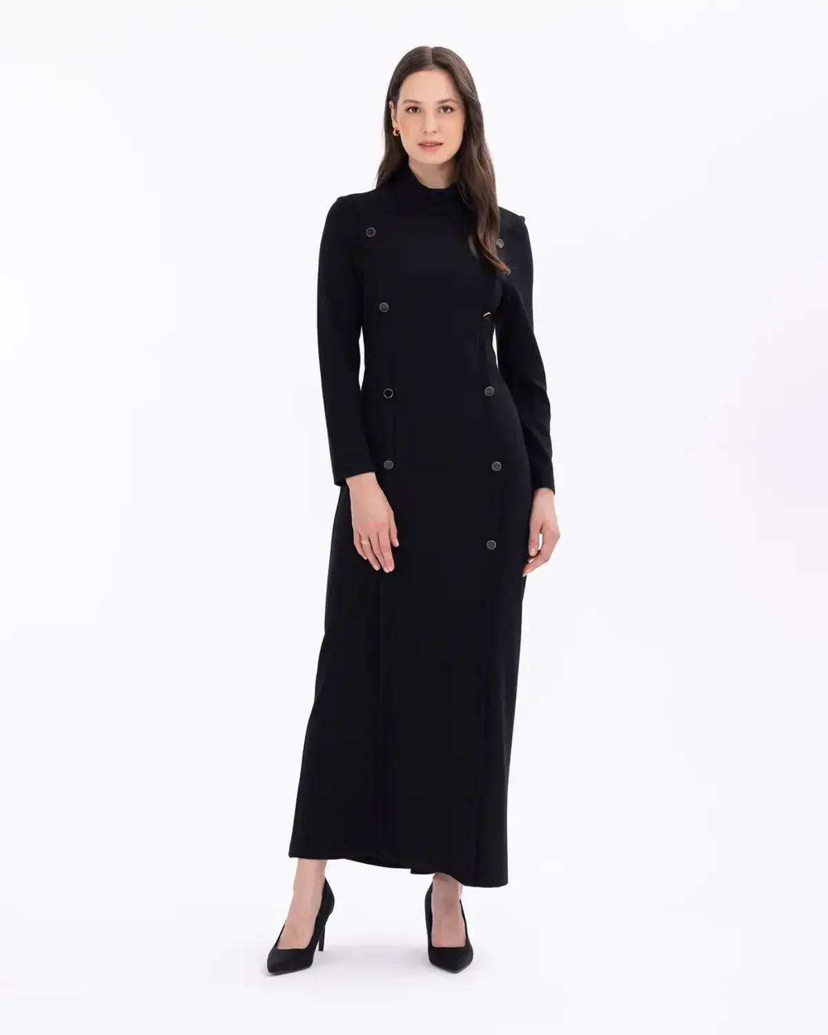 High Neck Button Detail Full Length Dress in Black or Ecru - Elegant Knit Fabric, Perfect for Day and Night Events, Comfortable Fit and Modern Style