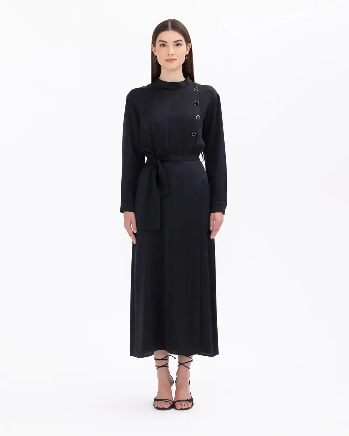 Элегантное платье с высоким воротником и пуговицами, полный рост, черное, удобный крой, турецкое качество, идеальное для любых мероприятий