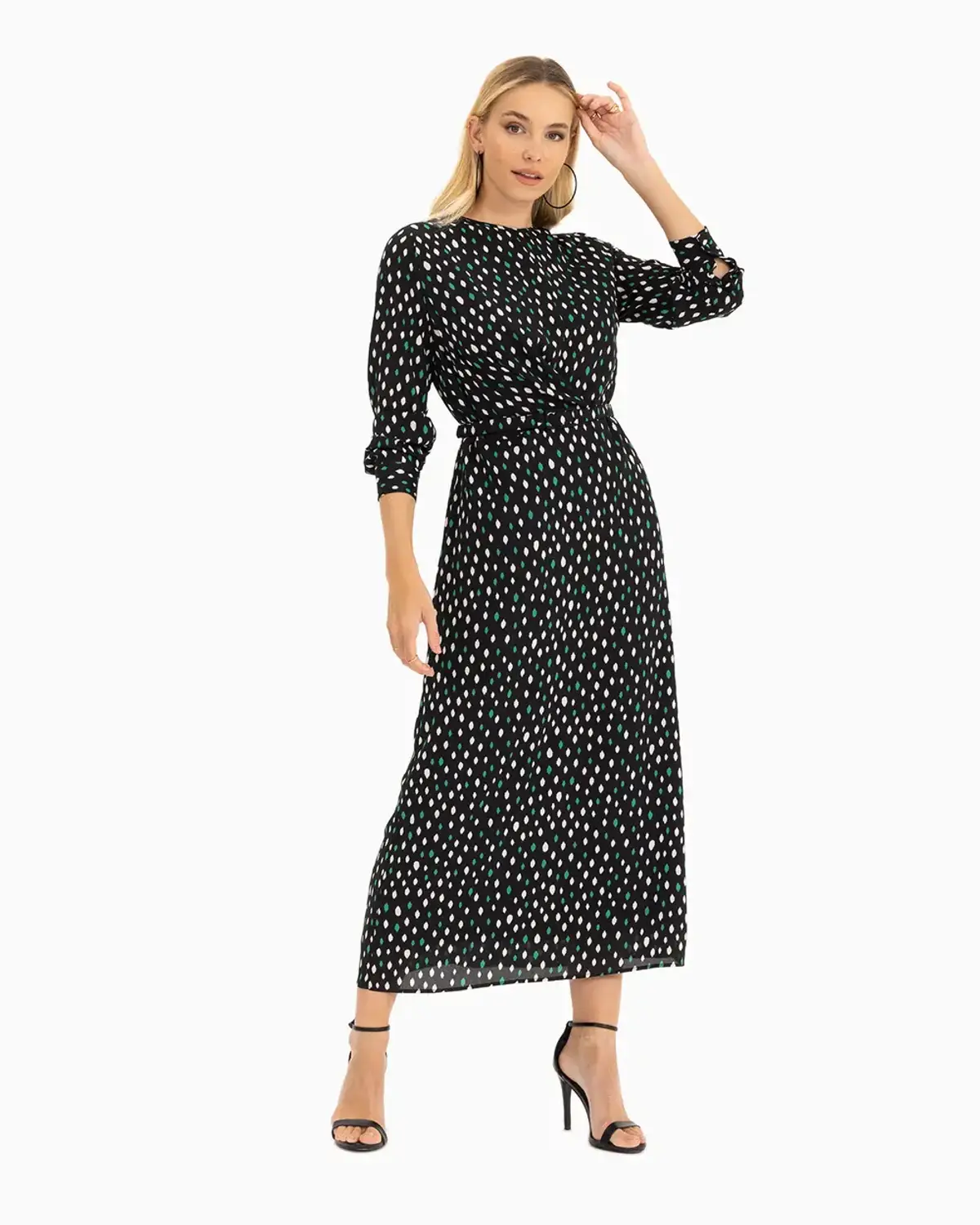 Сукня з кольоровими горошинами та поясом, довгими рукавами, сучасний стиль, 100% поліестер, розмір 36, чорний колір