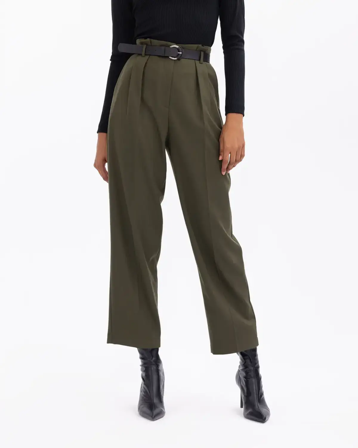 pileli kemerli yüksek bel pantolon