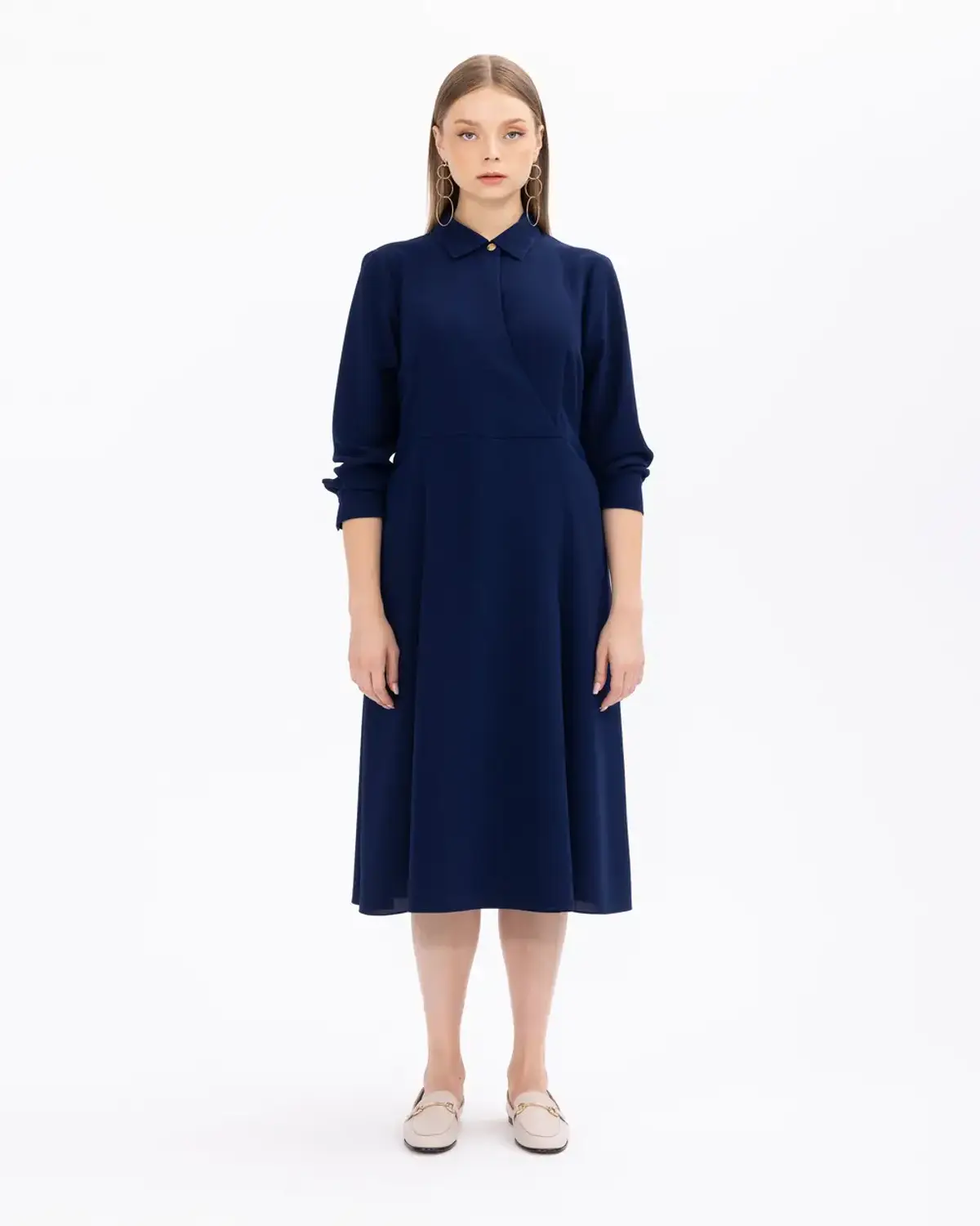 büyük beden düğme detaylı gömlek yakalı elbise