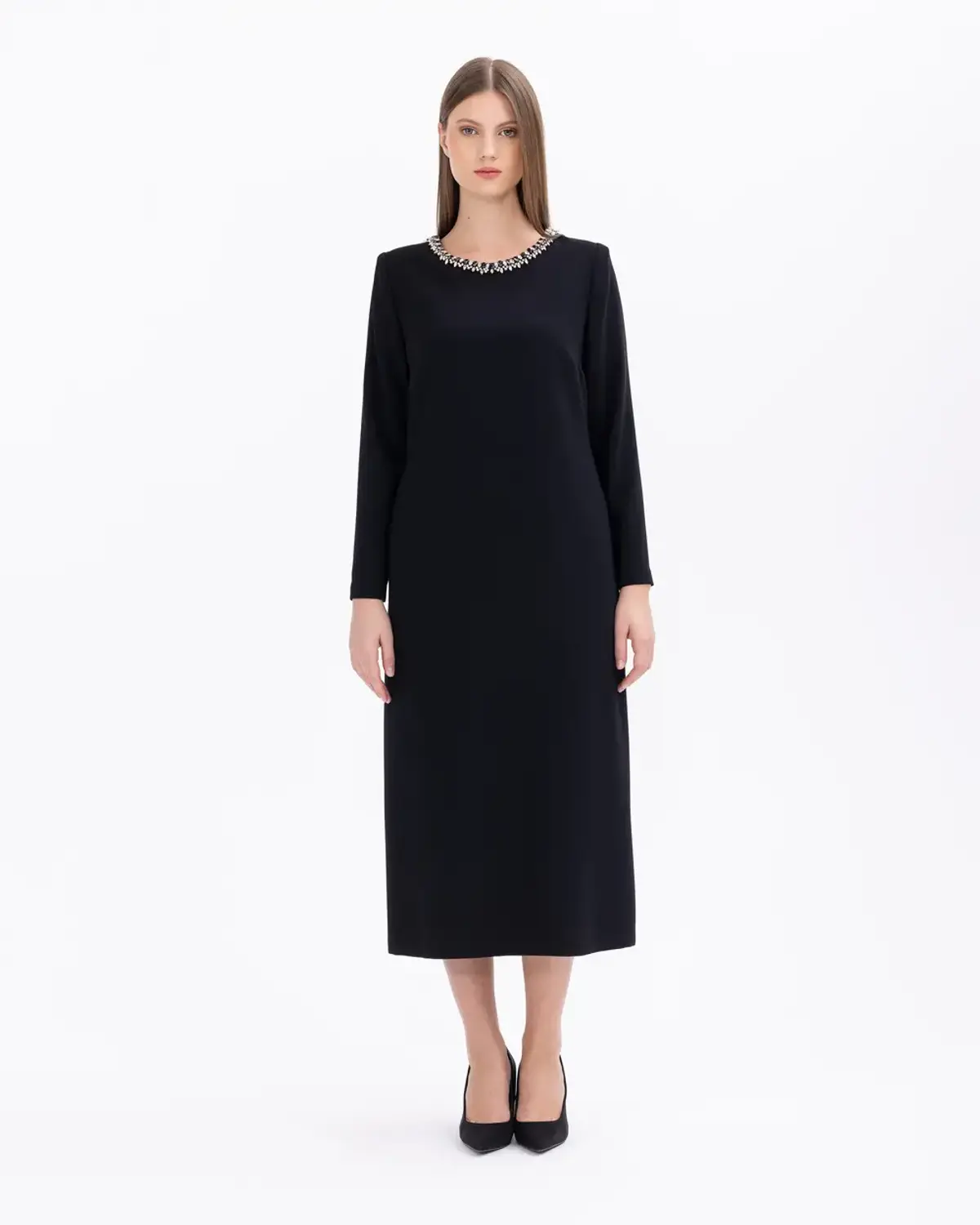 Plus Size Long Dress with Elegant Beaded Neckline and Comfortable Fit