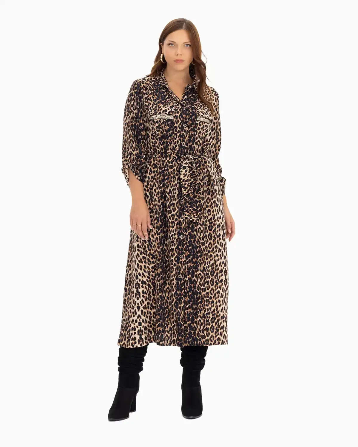 Plus Size Leopard Print Midi Dress with Shirt Collar and Foldable Sleeves