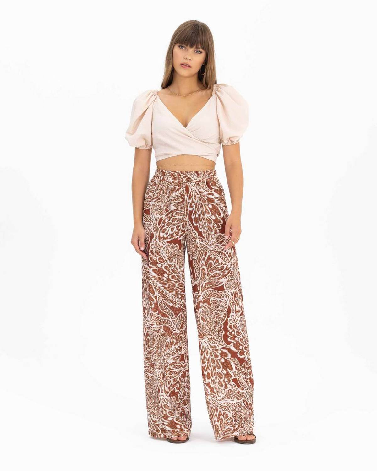 Штані з еластичним поясом, малюнком, широкими штанинами, 100% поліестер, стильний і комфортний наряд для сучасних жінок