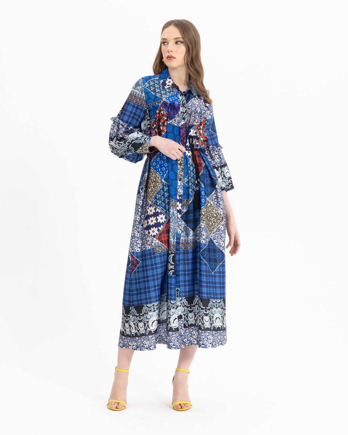 Ethnic Patterned Button-Down Dress with Belt and Ruffles, Long Sleeves, Pocket, Bilek Length, 100% Polyester, Available in Sizes 36-42