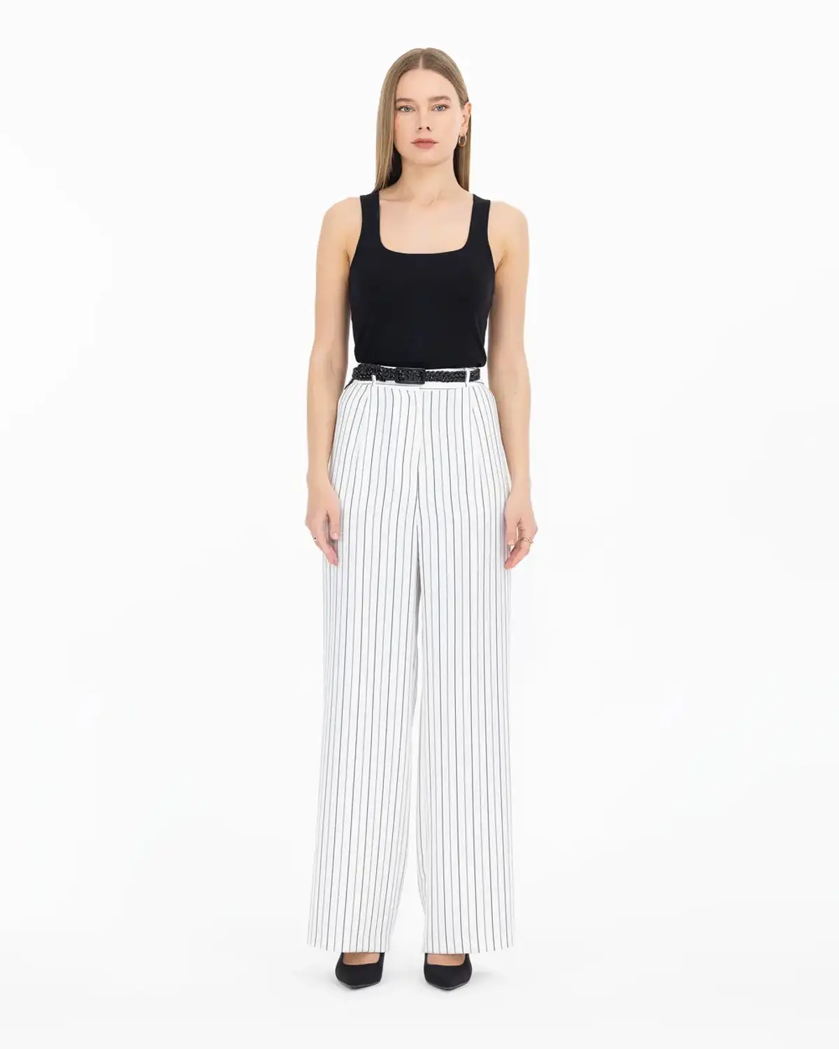 High-Waisted Striped Trousers with Belt for Elegant Style in Ecru