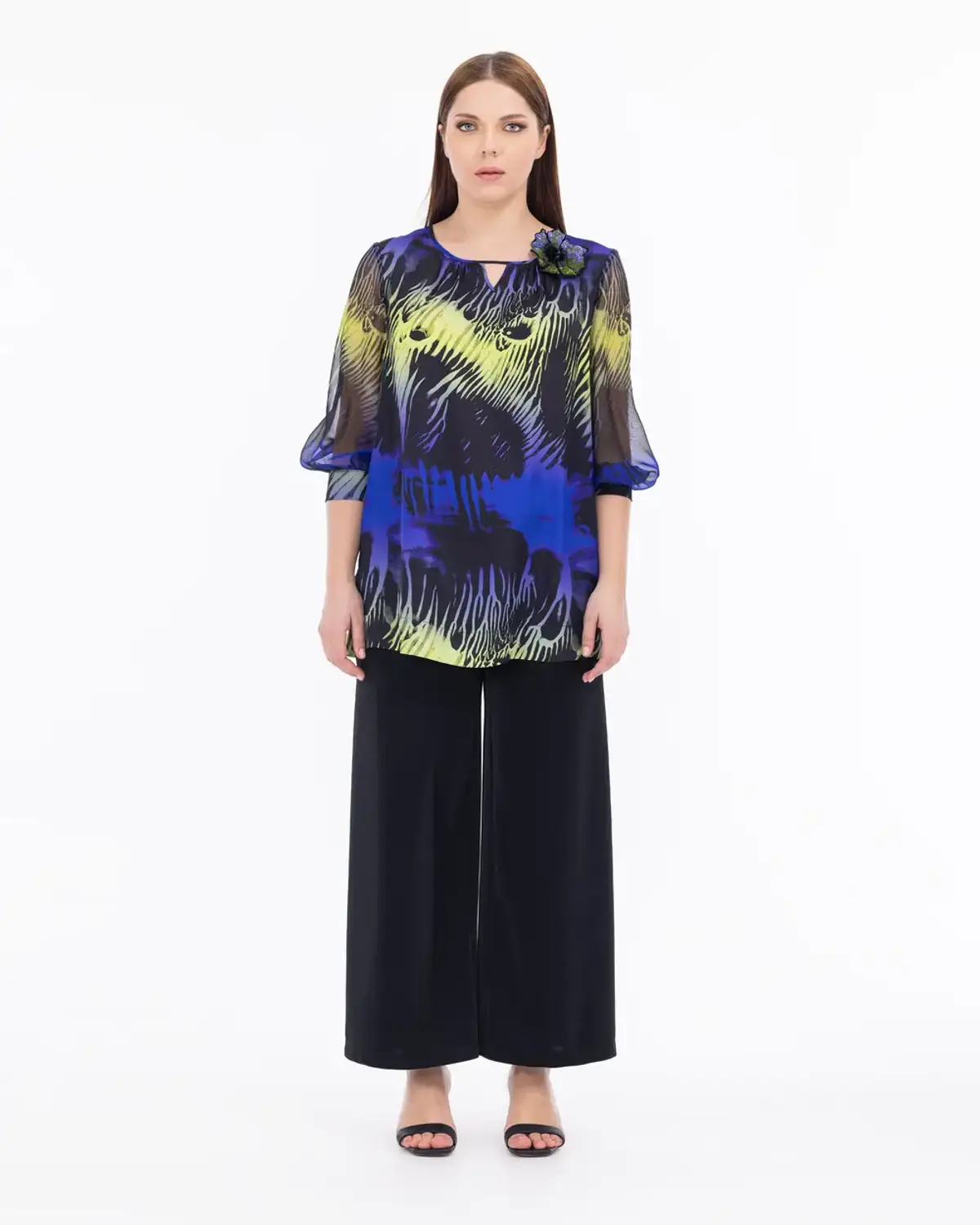 büyük beden şifon yaka detaylı truvakar kol bluz