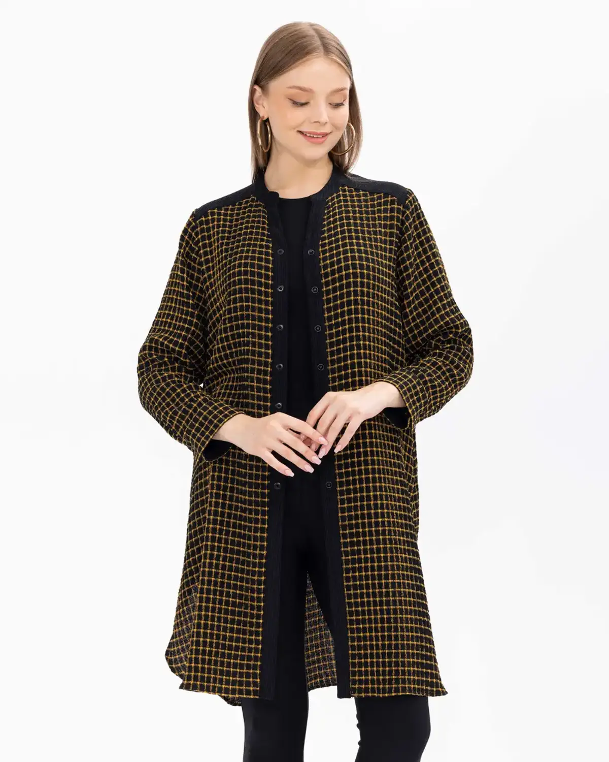 büyük beden kareli gofre kumaş tunik