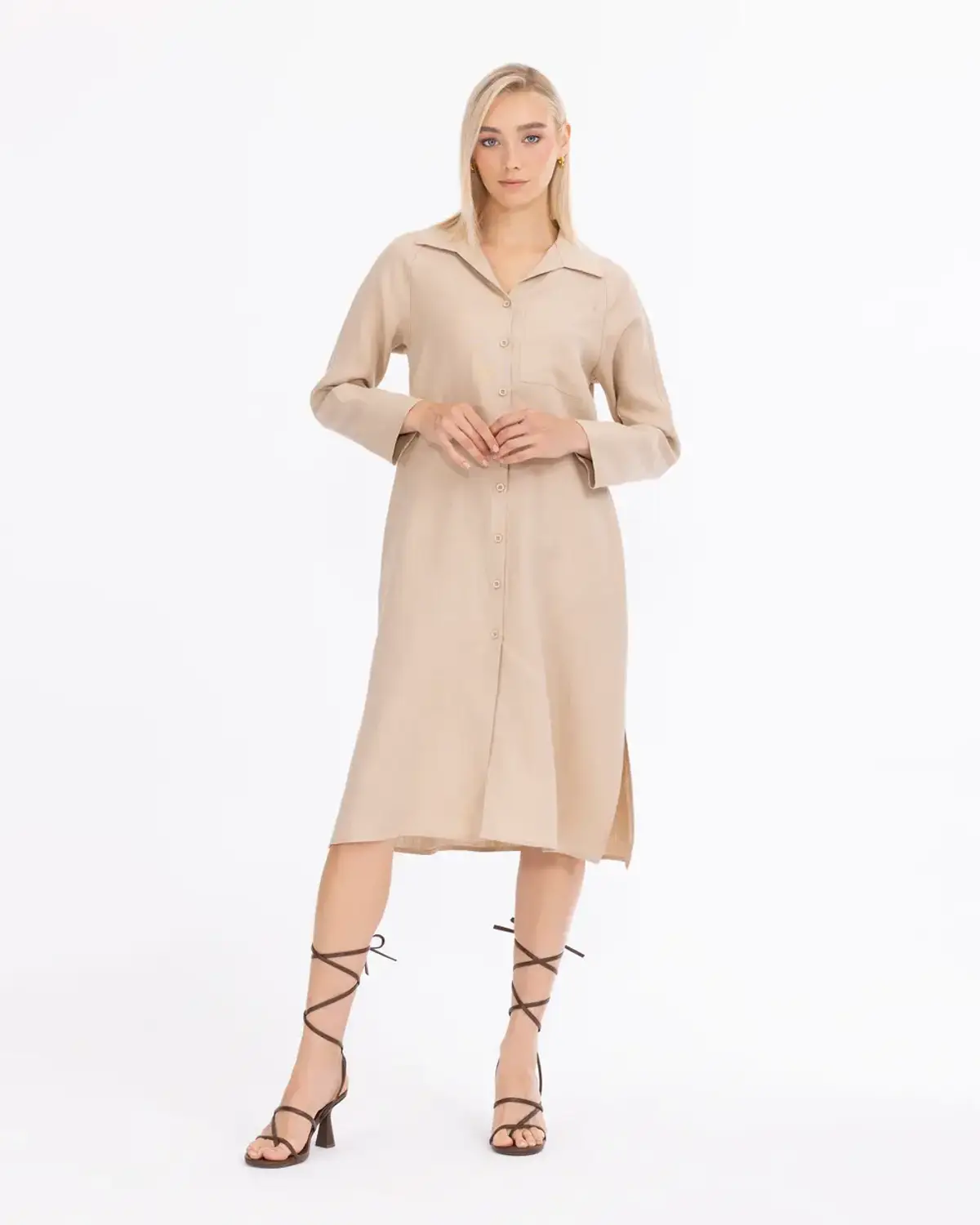 Beige Linen Midi Dress with Pocket Details and Button Closure, Stylish Shirt Collar, Comfortable Fit