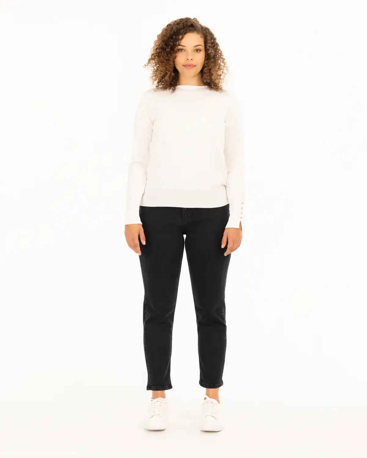 büyük beden düğme detaylı triko bluz