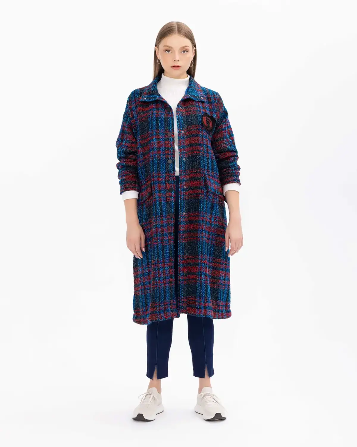 büyük beden ekose desenli dik yaka kap