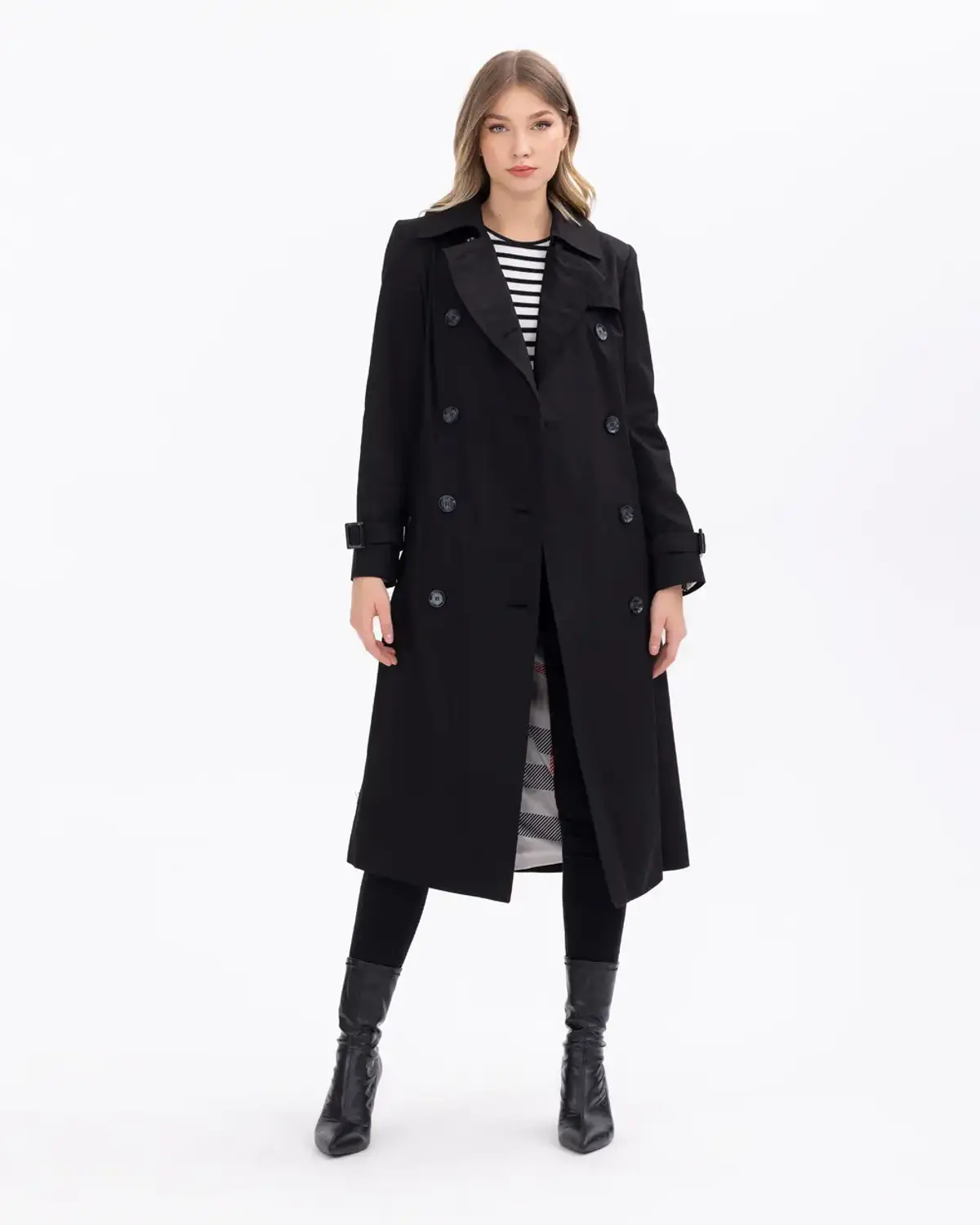 معطف ترينش كلاسيكي برباط خصر بتفاصيل زر، تصميم أنيق يتناسب مع كل المناسبات