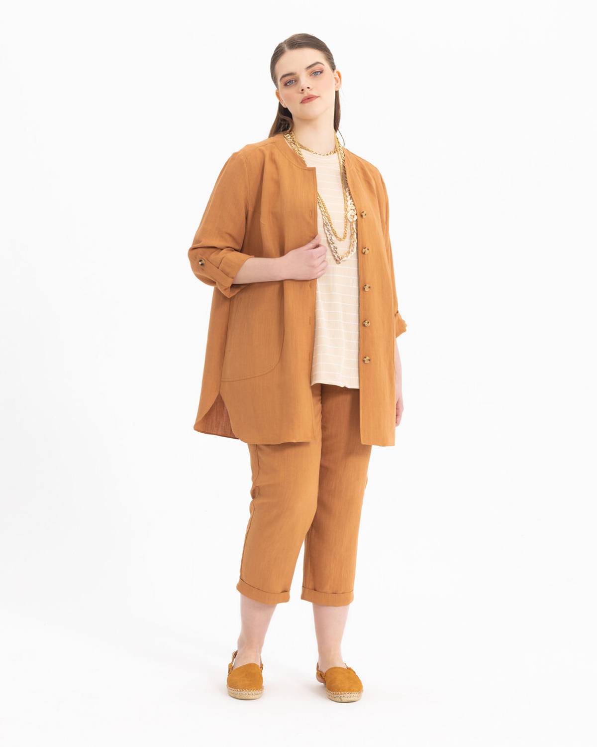 büyük beden keten görünümlü elastik bel pantolon