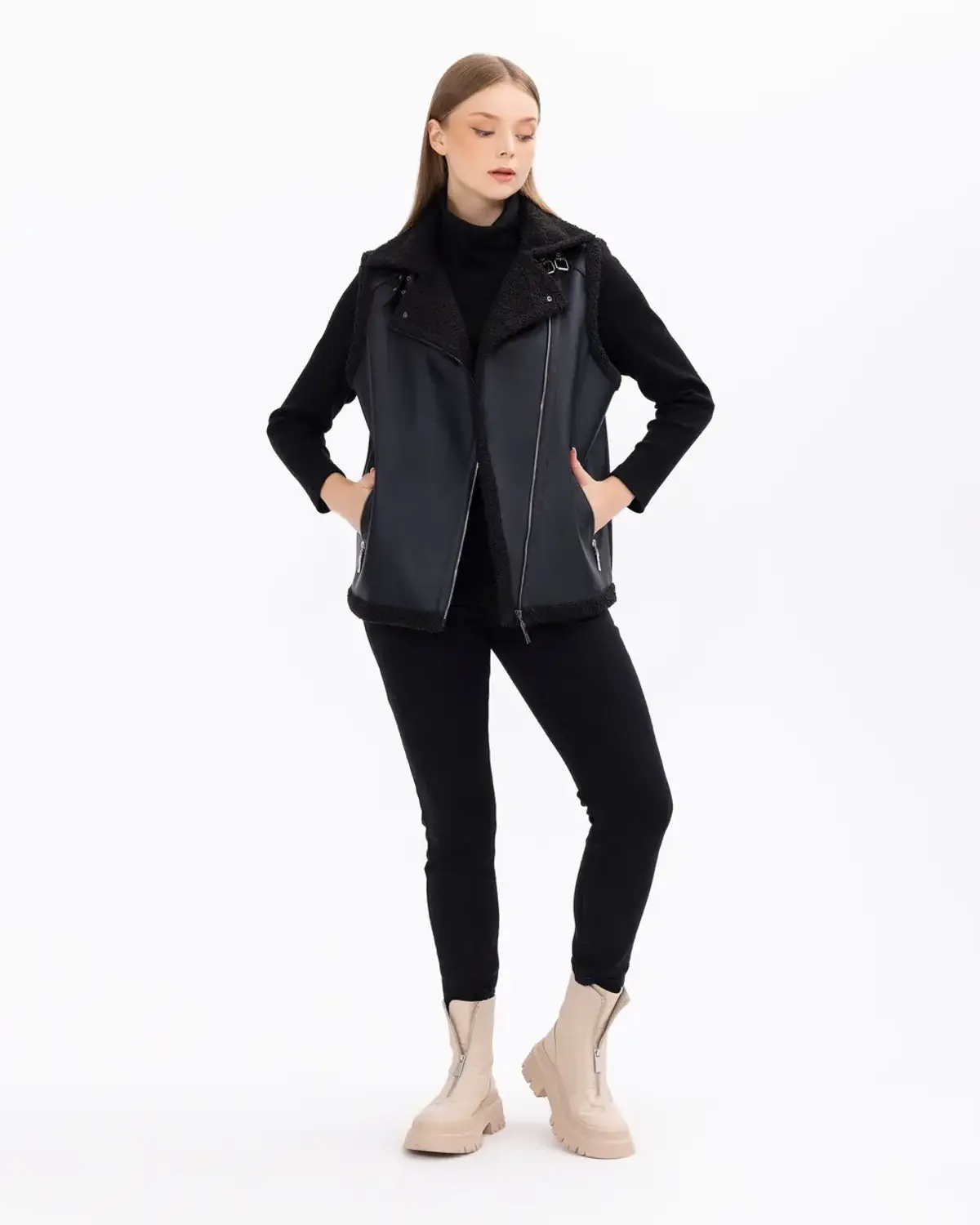 büyük beden fermuarlı suni deri yelek