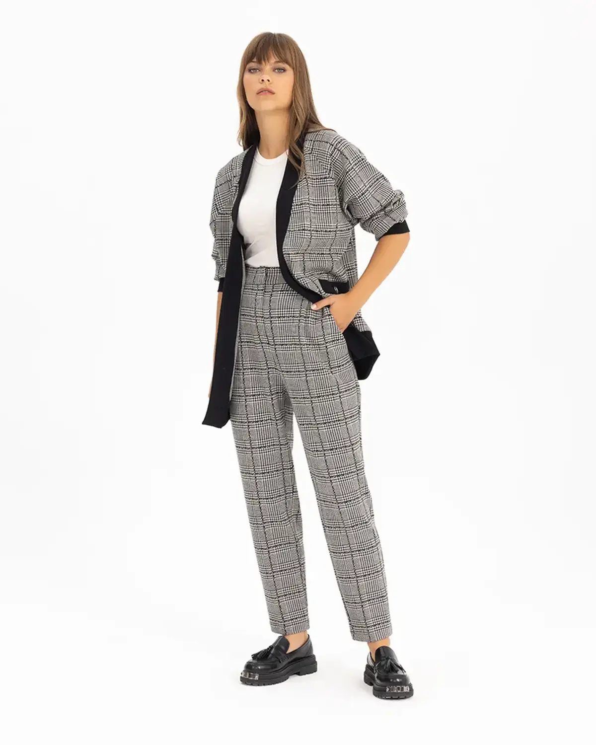 havuç kesim ekoseli pantolon