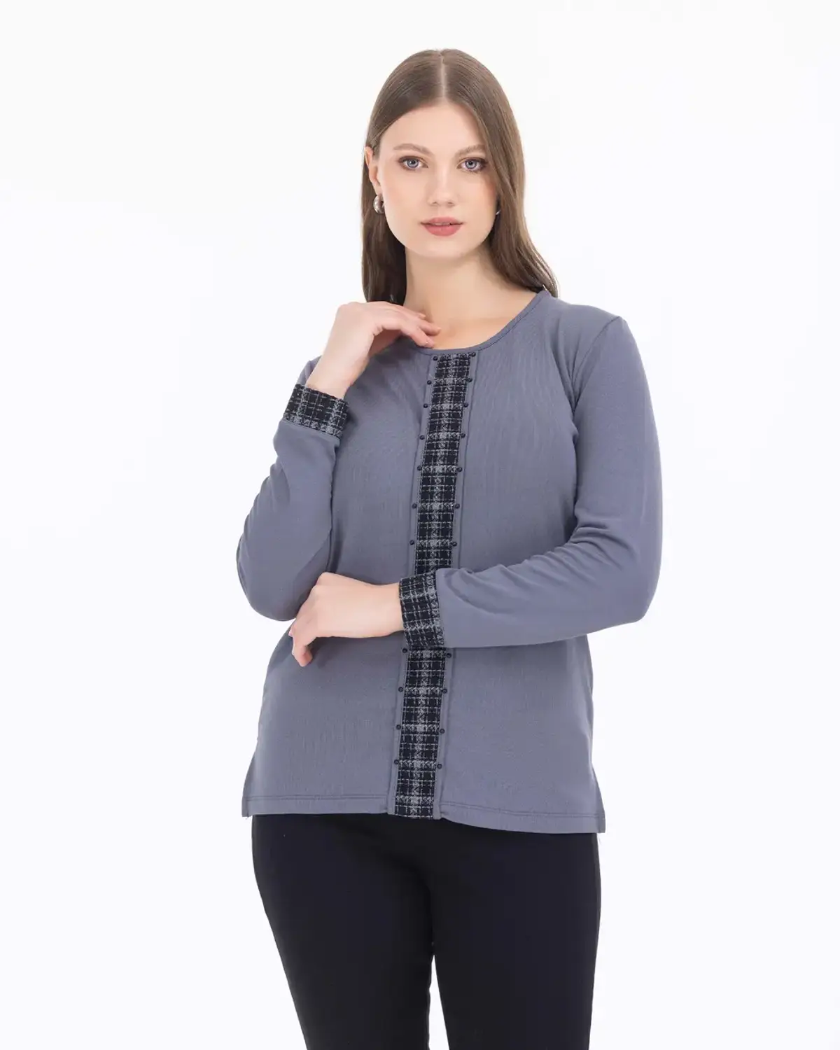 büyük beden şeritli triko bluz