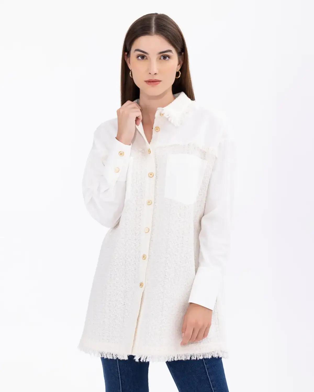 püskül detaylı cepli kumaş geçişli gömlek