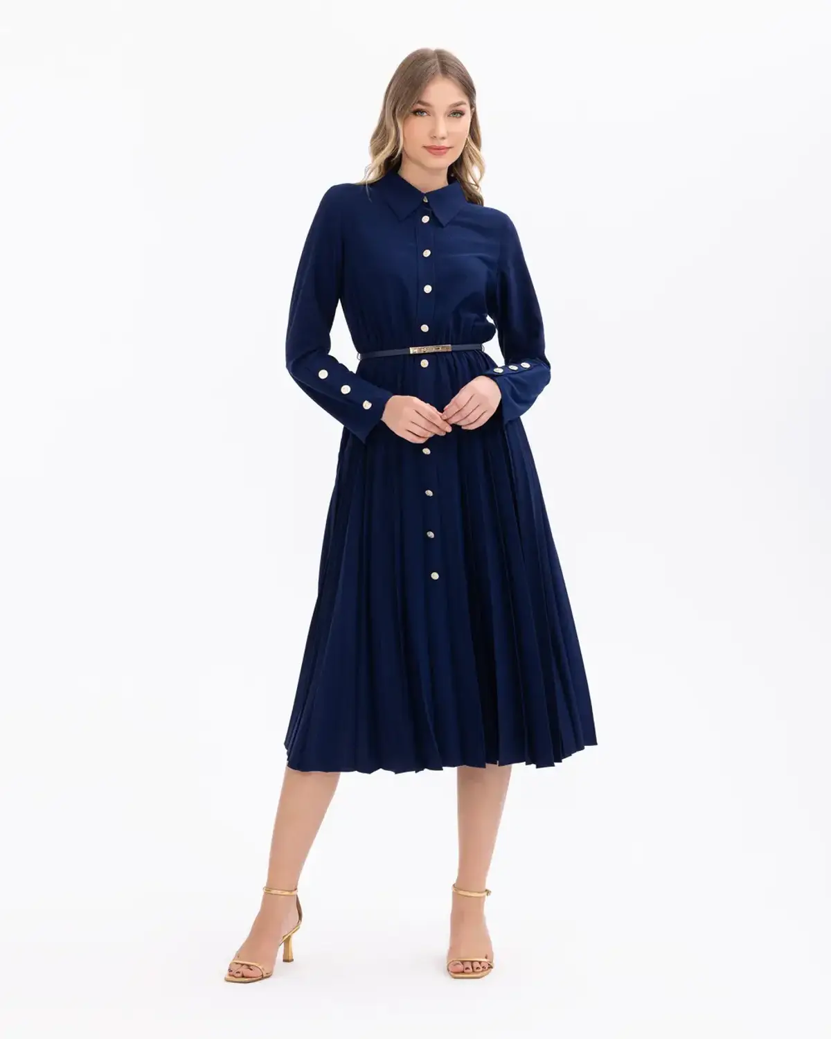 Button-Detail Gathered Waist Shirt Collar Dress in Navy Blue, Midi Length, Long Sleeve, Stylish and Feminine Design