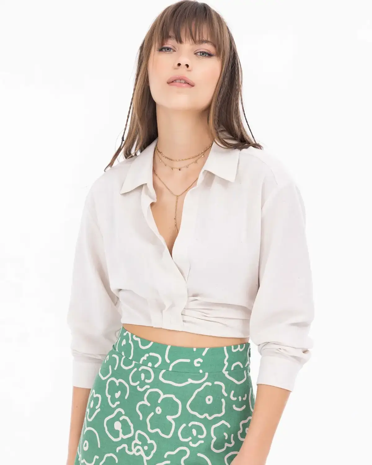 gömlek yaka bel boy uzun kollu bluz