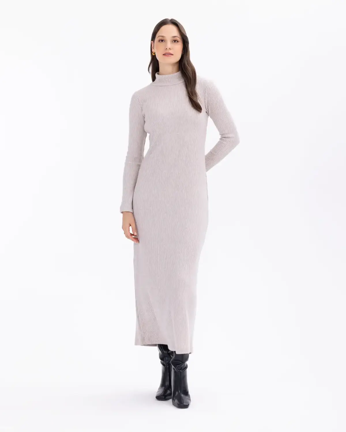 yarım balıkçı yakalı midi boy fitilli örme elbise